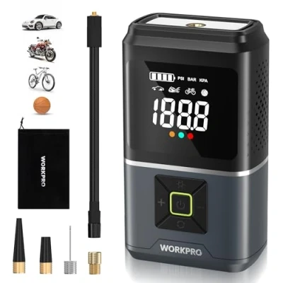 Afbeelding van WORKPRO Draadloze luchtcompressor, 5000 mAh, 7,2 V, draagbare luchtcompressor met 4 modi, 150 psi, digitaal display, intelligent led SOS voor auto, motorfiets, ballen, fietsen