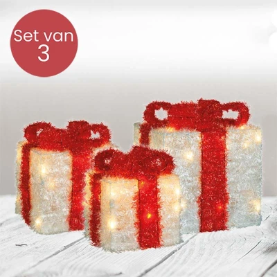 Afbeelding van Lametta cadeau set van 3 met LED verlichting wit rood