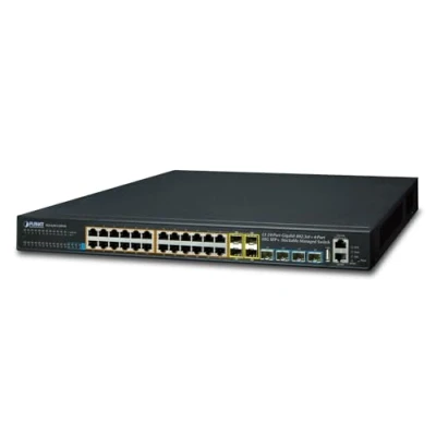 Afbeelding van Planet PLANETLayer 3 24 Port 10/100/1000T PoE 802.3at Switch 4 10G SFP+ Uplinks stapelbaar Web managed (24 Havens), Netwerkschakelaar, Zwart