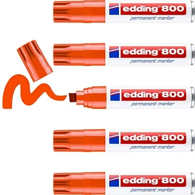 Afbeelding van edding 800 permanent marker oranje 5 stiften beitelpunt 4 12 mm voor brede markeringen watervast, sneldrogend wrijfvast karton, kunststof, hout, metaal, glas