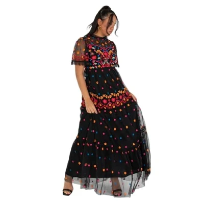 Afbeelding van Maya Deluxe Maxi jurk voor dames, korte mouwen, hoge hals, geborduurde ruches, tule A lijn gelegenheid, avondbaljurk, Zwart, 48
