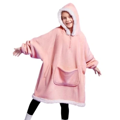 Afbeelding van Giggling Getup Draagbare deken hoodie voor kinderen jongens en meisjes oversized flanel sherpa fleece capuchondeken, roze, Eén Maat