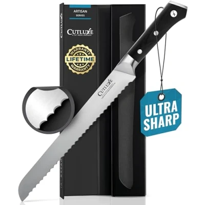 Afbeelding van Cutluxe Broodmes 25,4 cm gekarteld mes, perfect voor zelfgemaakt, zuurdesembrood scheermesscherp gesmeed koolstofarm Duits staal, volledige tang, ergonomisch handvatontwerp Artisan serie