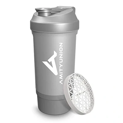 Afbeelding van Protein shaker Zilver 700 ml FYRA lekvrij BPA vrij met poedervak ​​en zeef en schaal voor romige BCAA shakes, proteïne shake cups, isolaten wei eiwit