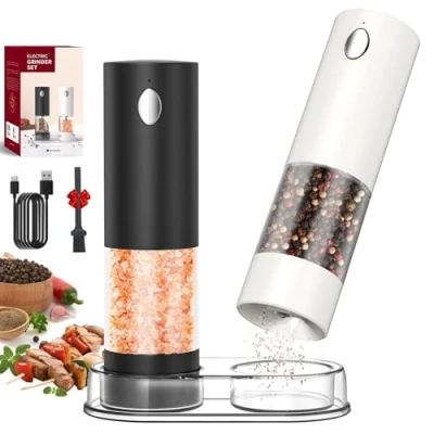 Afbeelding van CIRCLE JOY Peper en zoutmolenset, elektrisch, oplaadbaar, kruidenmolen met basis, wasbare transparante container van 95 ml, wit ledlicht grofheid verstelbaar, zwart/wit