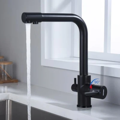 Afbeelding van GRIFEMA G4003B 3 Weg Keukenkraan, Drinkwater Wegs Waterkraan 360 Draaibaar Mengkraan met 2 Handgrepen, Messing, Zwart