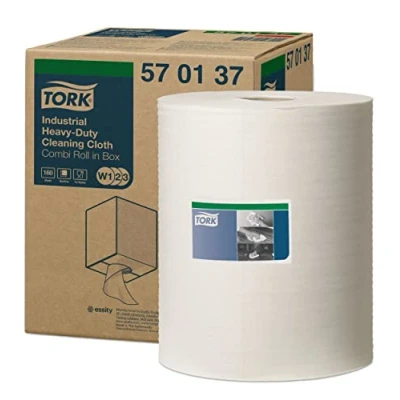 Afbeelding van Tork 570137 Industriële heavy duty reinigingsdoek / 1 laags katoenen wegwerphanddoek geschikt voor W1, W2 en W3 ruitenwissersystemen Wit x 60,8m Ø 25cm