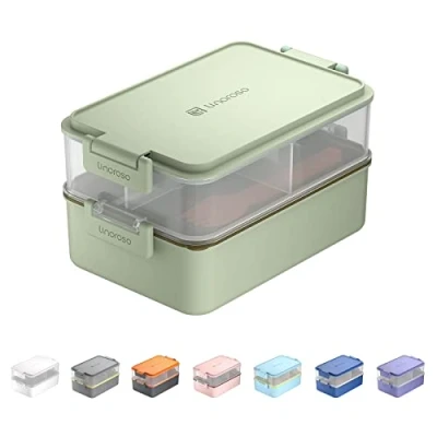Afbeelding van Linoroso Lunchbox Voor Volwassenen Met 3 Vakken, Bento Box Sauscontainer En Tafelgerei, Magnetron Vaatwasser, Plastic, BPA Vrij, Als Ontbijtbox, Saladebox, Mintgroen