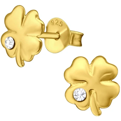 Afbeelding van JoyS Zilveren klaver oorbellen 7 x 8 mm klavertje vier kristal oorknoppen 14k goudplating / goldplated