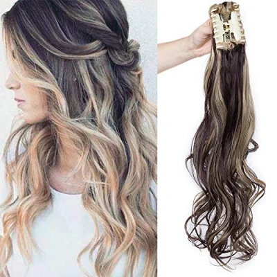 Afbeelding van SEGO Haarstukje, paardenstaart, golvend, krullend, haarverlenging, met clip bevestigd, 60 cm, donkerbruin, asblond