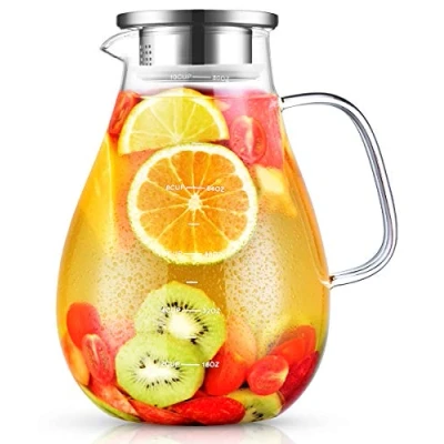 Afbeelding van Veccom glazen karaf, 2,4 liter, waterkaraf met deksel, karaf borosilicaatglas, waterkan koeling, glas, kan, hittebestendig voor water, ijsthee, sap