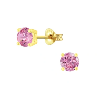 Afbeelding van JoyS Zilveren 5 mm rond oorbellen zirkonia roze 14k goudplating
