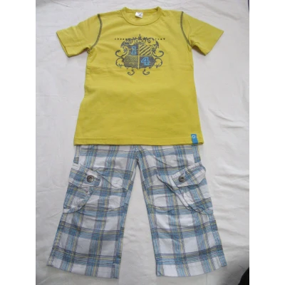Afbeelding van dirkje , kledingset jongen, tshirt geel + bermuda geruit wit/blauw/geel 6 jaar 116