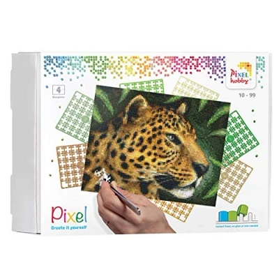Afbeelding van Pixel P090042 Mozaïek geschenkdoos luipaard voor kinderen, pixelafbeelding ca. 20,3 x 25,4 cm groot, eenvoudig insteeksysteem met steentjes van bioplastic, zonder strijken en lijmen