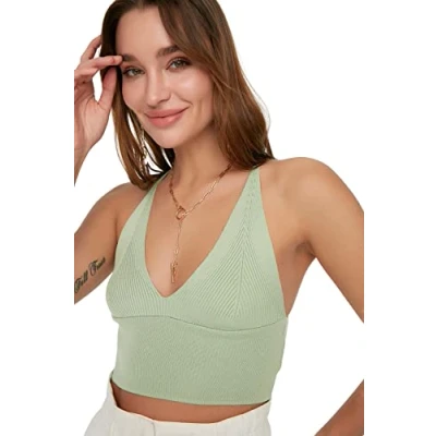 Afbeelding van Trendyol Getailleerde basic gebreide blouse met V hals voor dames, Munt, L