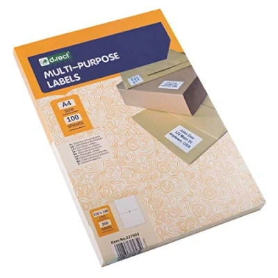 Afbeelding van D.RECT Zelfklevende etiketten universele (210x148mm op DIN A4) bedrukbaar zelfklevend 100 vellen/verpakking 2 etiketten/vel 200 stuks wit