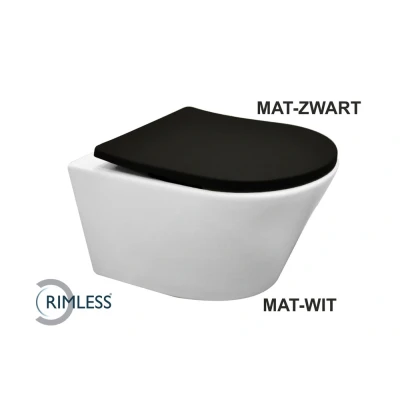 Afbeelding van Wiesbaden Vesta wandcloset rimless mat wit met Shade slim toiletzitting softclose en quick release zwart
