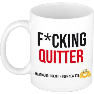 Afbeelding van Fcking quitter cadeau mok / beker wit en zwart afscheidscadeau personeel collega feest mokken