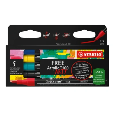 Afbeelding van Acryl Marker STABILO FREE ARTY T100 Ronde Tip 1 2mm Pack van 5 ROYAL Verschillende kleuren