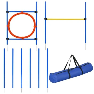 Afbeelding van PawHut Agility Sport voor honden, complete uitrusting: slalompalen, obstakel, ring + draagtas, blauw, geel, rood