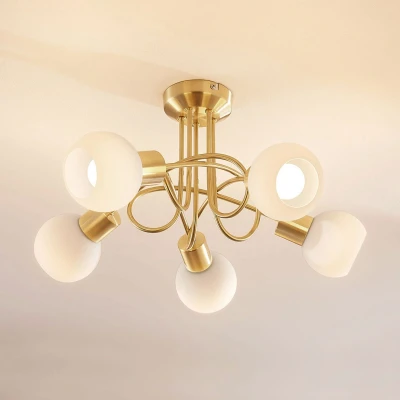 Afbeelding van Lindby plafondlamp 5 lichts glas, metaal H: 25.5 cm E14 wit, mat messing
