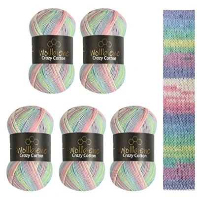 Afbeelding van Wollbiene Crazy Cotton Batik, 5 x 100 g, 500 gram met kleurverloop, 55% katoen, meerkleurig, breiwol, wol, voor het hele jaar (2010 groen, roze, wit, pastel)