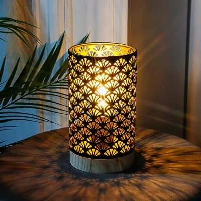 Afbeelding van JHY DESIGN Tafel Lamp Batterij Aangedreven met 6 Uur Timer, Draadloze 19 cm Hoog Waaier Vormige Patroon Batterijlamp voor Bruiloft Woonkamer Tuin Binnen Slaapkamer (met Houten Basis)