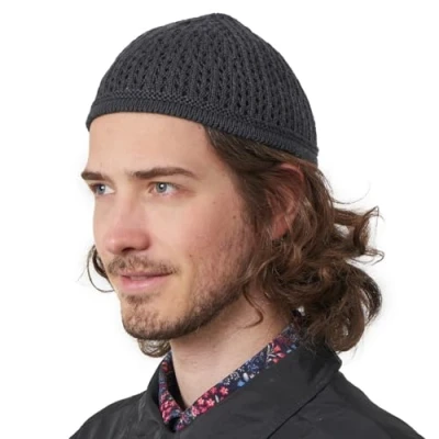 Afbeelding van Casualbox Knit Cotton Skull Cap Kufi Islam Prayer Hat Crochet Mesh Skully Beanie Men&#039;s Headwear for All Seasons Grey