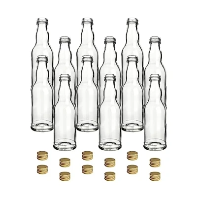 Afbeelding van gouveo Set van 12 glazen flessen, 200 ml, met schroefsluiting, goudkleurig, kleine flessen voor likeur, sap, azijn en olie, flessenset