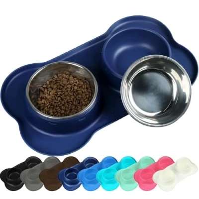 Afbeelding van VIVAGLORY Hondenkommen, Hondenvoerkommen, Roestvrijstalen Katten en PuppywWaterkommen met Antislip Siliconenmat die niet Morst, Klein, Donkerblauw