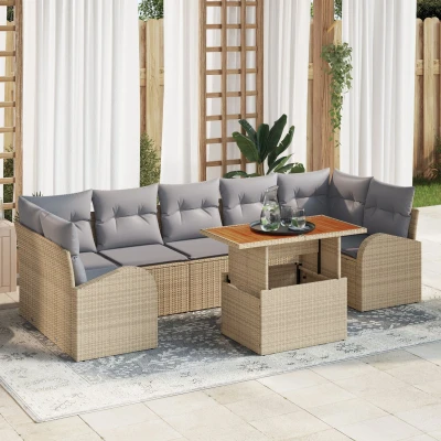 Afbeelding van vidaXL 8 delige tuin eetset met kussens beige poly rattan acacia