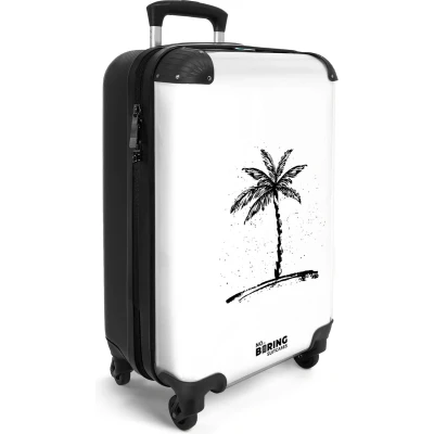 Afbeelding van NoBoringSuitcases.com® Handbagage koffer lichtgewicht Reiskoffer trolley Wit met zwart palmboom Rolkoffer wieltjes Past binnen 55x40x20 en 55x35x25