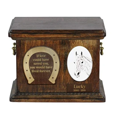 Afbeelding van Art Dog Custom Horse Memorial urn Handgemaakte houten Gepersonaliseerde keramische plaat en gravure Duurzame langdurige 8,3x11,4x8,7 Freiberger
