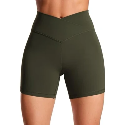 Afbeelding van CRZ Yoga Womens Butterluxe Crossover Biker Shorts 5&#039;&#039; Criss Cross High Waisted Workout Buttery Soft Olijfgroen M