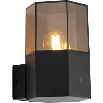 Afbeelding van QAZQA Buiten wandlamp zwart met smoke glas zeshoek en schemersensor