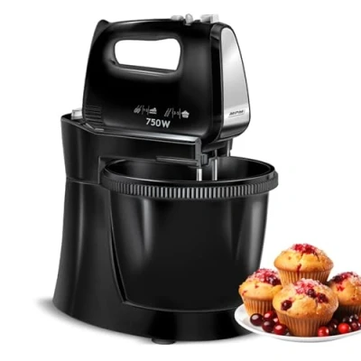 Afbeelding van MPM Mixer met 2 Mengkommen 3 Liter Handmixer Keukenmixer Turbofunctie 750W Zwart