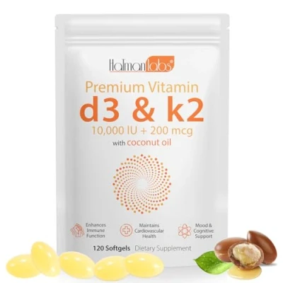 Afbeelding van vitamine D3 K2 hoge dosis kokosolie capsules met en (MK 7), 120 stuks, gemakkelijk in te slikken, VIT K2, glutenvrij, zeer effectief, supplementen