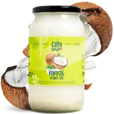 Afbeelding van CiboCrudo Raw Organic kokosolie, 1000 ml, kokosnoot, rijk aan laurierzuur, levensmiddelen en cosmeticatoepassing, verpakt in glas, Italiaanse etiketten