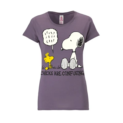 Afbeelding van Logoshirt Vrouwen T Shirt Snoopy Peanuts Chicks Are Confusing met ronde hals van donkergrijs