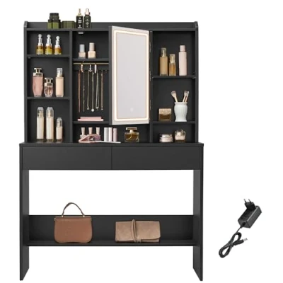 Afbeelding van VASAGLE make uptafel met led spiegel, 3 kleuren, instelbare helderheid, groot, verstelbaar opbergrek, 2 laden, moderne stijl, inktzwart RDT123B01