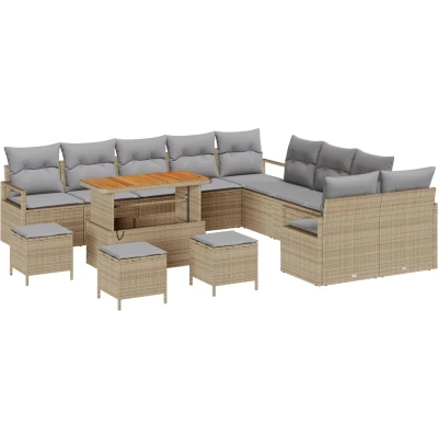 Afbeelding van vidaXL 14 delig tuinbankset met kussens Beige Poly Rattan Acacia, 2 zits tuinbank opbergruimte &amp; Rattan, 4 tuin eet set Acacia