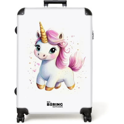Afbeelding van NoBoringSuitcases.com® Koffer groot Reiskoffer lichtgewicht Witte eenhoorn met roze manen Rolkoffer 4 wielen Grote trolley XL 98 liter bagage