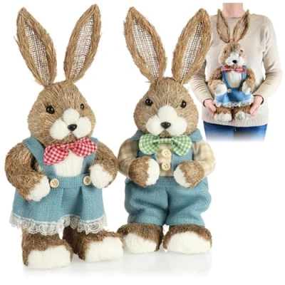 Afbeelding van COM FOUR® 2x stro paashaas handgemaakt decoratieve voor paasdecoratie strofiguren Pasen handgemaakte konijntjes konijnenfiguren 42 cm (02 stuk 42cm vrouw + man)