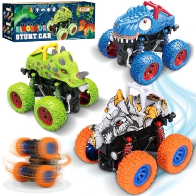 Afbeelding van POWZOO Monstertruck, 3 stuks dinosaurussen, 360 graden roterende traagheid, voertuig, autospeelgoed, wrijving, terugtrekken, speelgoedauto&#039;s, monstertrucks, voor kinderen vanaf jaar.