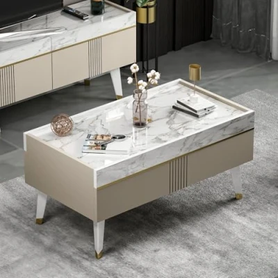 Afbeelding van Homidea KARYA Woonwand, tv set, kast, tafel, meubel met 3 deuren in modern design (salontafel, beige/marmer)