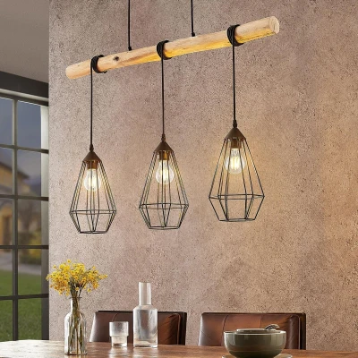 Afbeelding van Lindby hanglamp 3 lichts ijzer, hout E27 mat zwart, licht