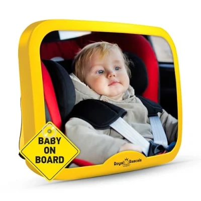 Afbeelding van ROYAL RASCALS Babyspiegel voor de Achterbank, Onbreekbare in Auto, Achteruitkijkspiegel babyautostoel om Achterstevoren Gerichte Baby&#039;s en Kinderen te Kunnen zien, Geel