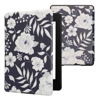 Afbeelding van kwmobile E reader hoesje geschikt voor Amazon Kindle Paperwhite 11. Generation 2021 hoes flip case met magnetische sluiting Ereader cover Bloemen in blauw design / wit