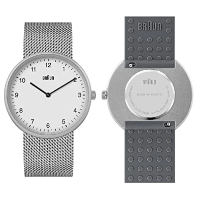 Afbeelding van Braun 2 Hand Analogue Quartz Watch, White Dial and Stainless Steel Mesh Strap with additional Grey Silicone Rubber Strap, 38mm, model BN0281WHMHGYG.