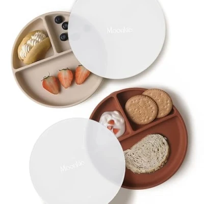 Afbeelding van Moonkie 2pc Siliconen Babybord, Babybord met Zuigvoet, BPA Vrij Antislip Kinderborden, Split Bordenset Deksel, Magnetron en Vaatwasmachinebestendig(Huidkleur/Klei Rood)